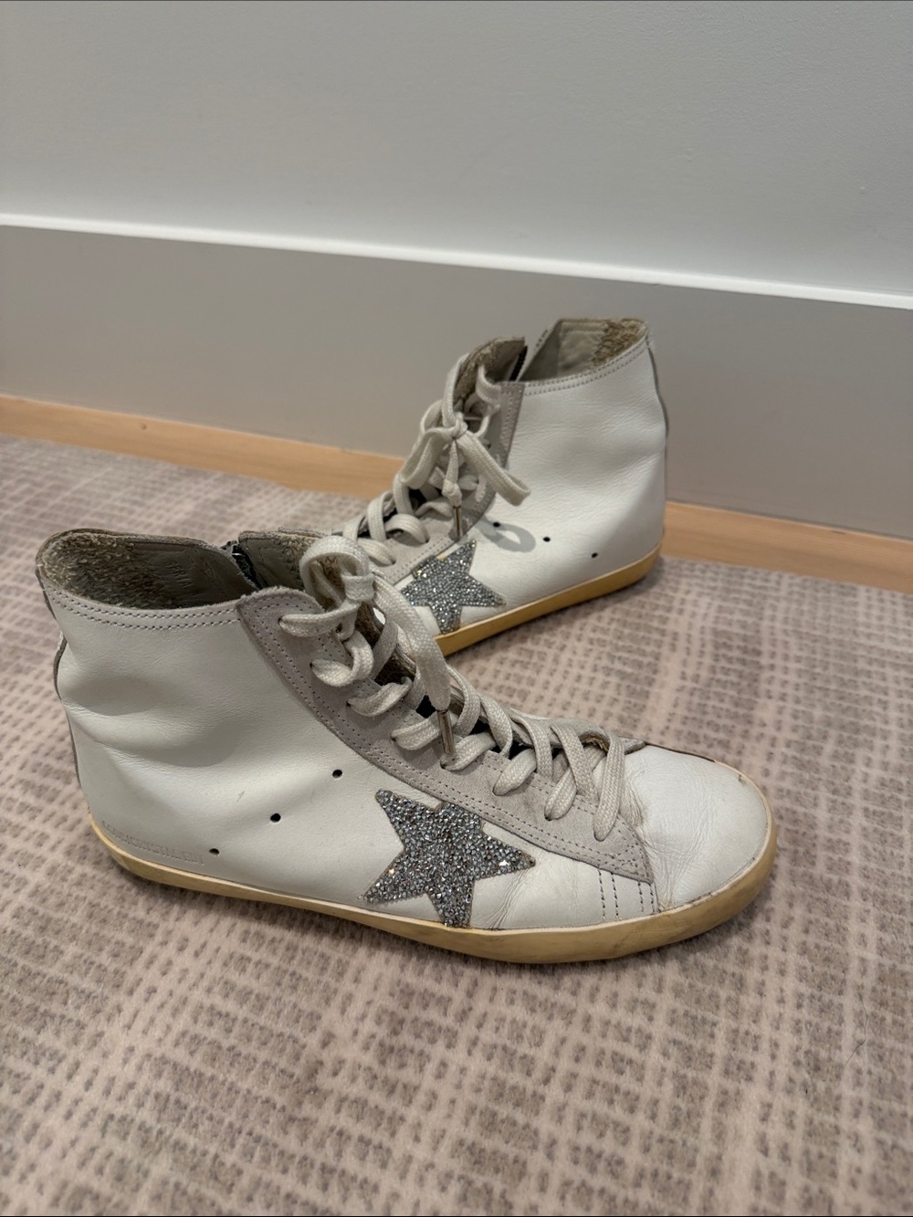Golden Goose White High-Top Sneakers with Silver Star Accent